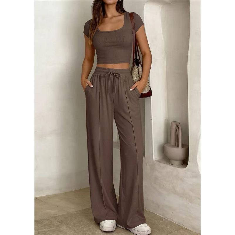 Women's 2-piece Square Neck Short Sleeved Crop Top&high Waist Wide Leg Pants Casual Set