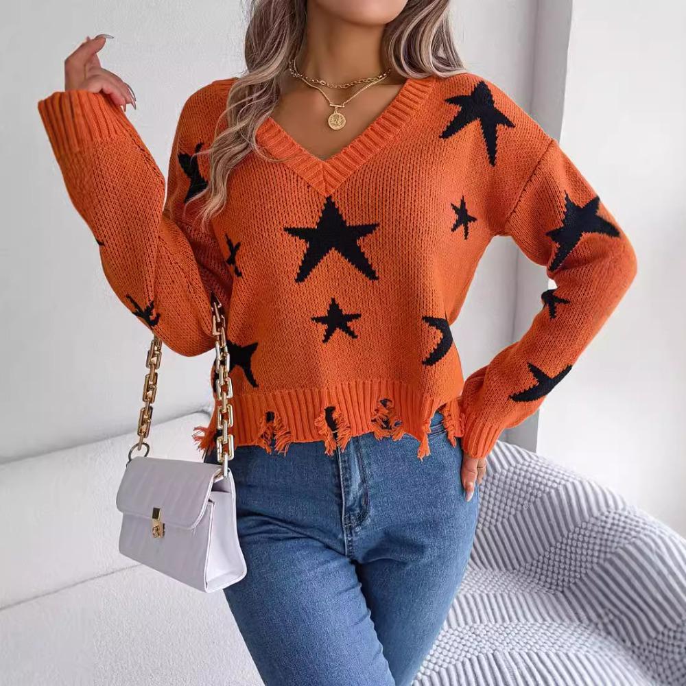 Autumn/Winter Casual V-Neck Star-Print Distressed Long-Sleeved Knitted Pullover for Women