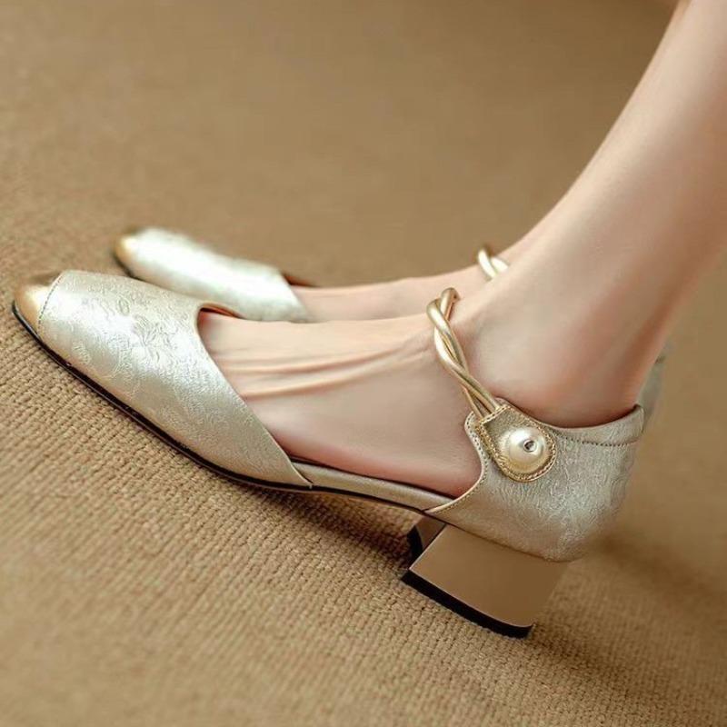 Square Toe High-heeled Sandals for Women Summer Mary Jane's Thick Heel Toe Sandal for Womens New Chinese Style Hollow Sandals