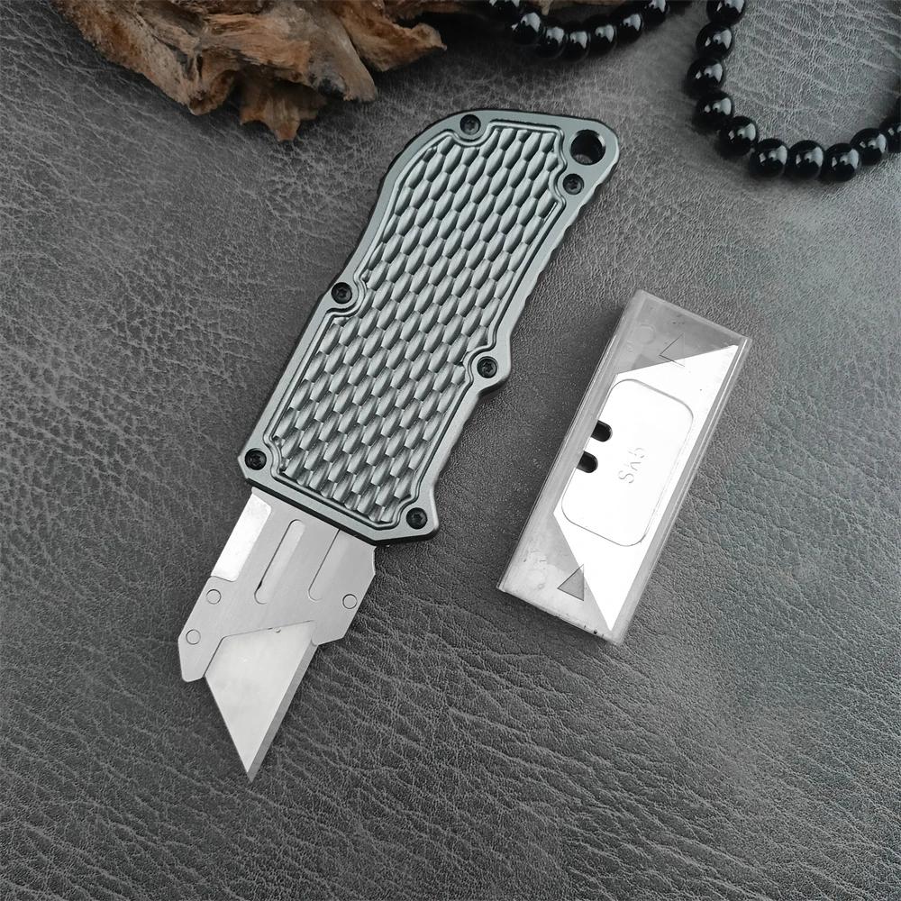 Boxs Cutter Outdoor Quick Open Folding Knife 440C Blade Aluminum Handle with 5PCS Replacement Blade Tactical Knife EDC Tool