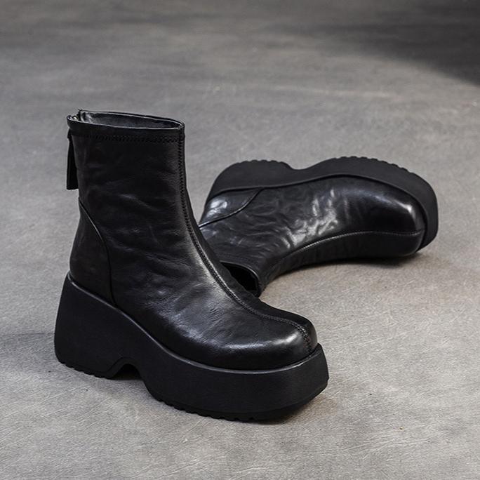 Johnature Všestranné Krátké kozačky z pravé kůže Retro Kulatá špička Dámské boty s tlustou podrážkou