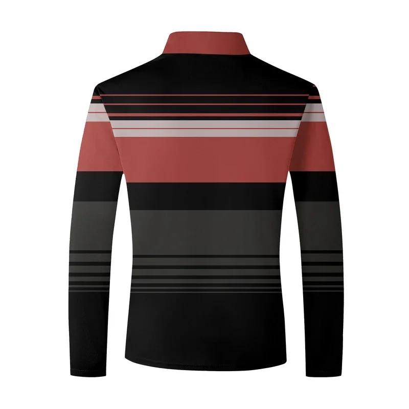 Herrpikétröja, 3D-randigt färgblockstryck, trendig sportig krage, golftröja, herrkläder, långärmad T-shirt, m