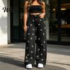 High Elasticity Denim Girl's Bow Cherry Print Baggy Jeans, Wide Leg Mid Waisted Women Jeans Pants, Zipper Fly Elastic Casual Streetwear with Pockets