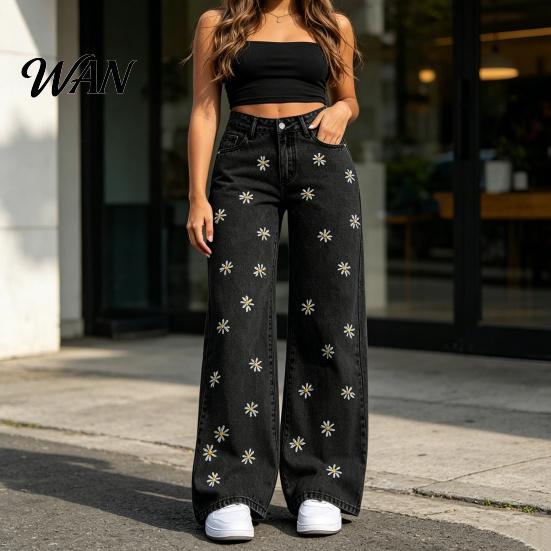 High Elasticity Denim Girl's Bow Cherry Print Baggy Jeans, Wide Leg Mid Waisted Women Jeans Pants, Zipper Fly Elastic Casual Streetwear with Pockets