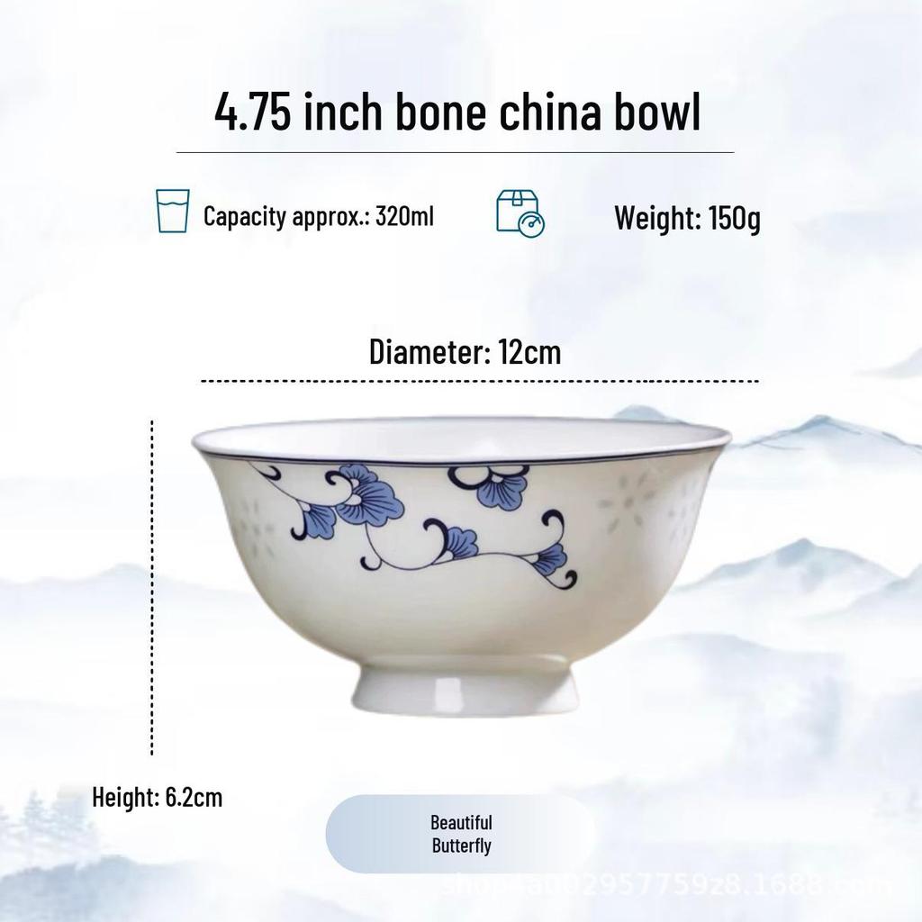 Blue and White High-Foot Bone China Noodle Bowl - Chinese-Style, Anti-Scald, Customizable for Birthdays