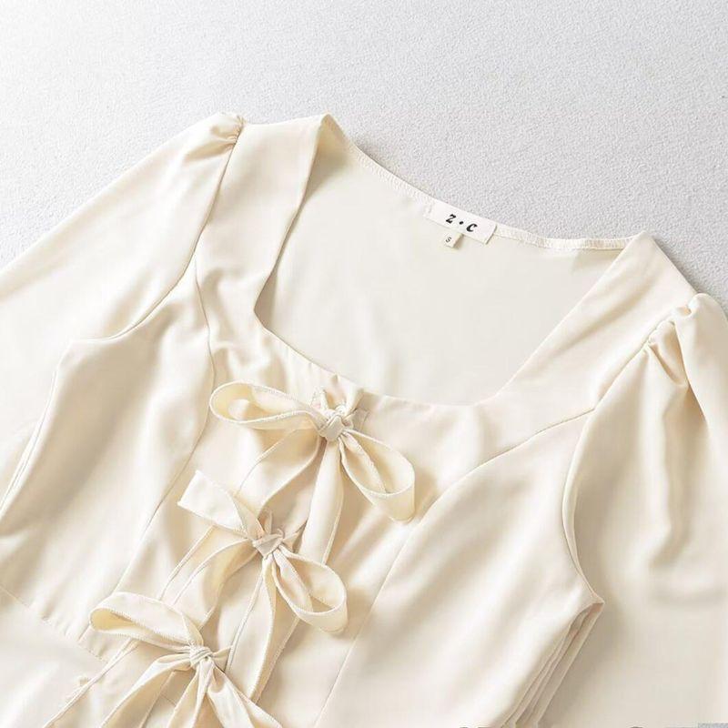 Kaslead New Arrival Women's Clothing Fashion Style Stylish Simple and Versatile Shoelace Waist-Controlled Long Sleeves Square Collar Top
