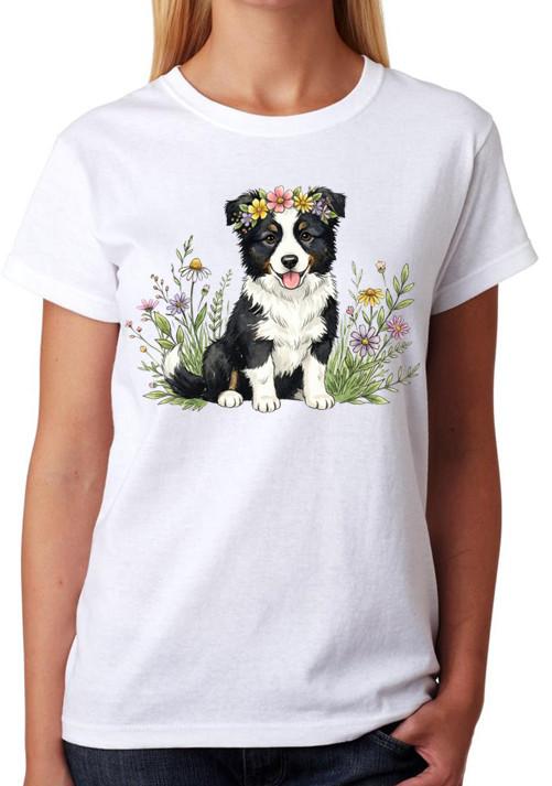 Cute Border Collie Puppy Illustration Ladies T-Shirt Floral Dog Art Tee XL