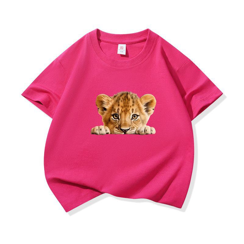 Kids Cotton T Shirt Cute Peeking Lion Cub Print Crew Neck Short Sleeve Tee Casual Breathable Boys Girls Summer Tops