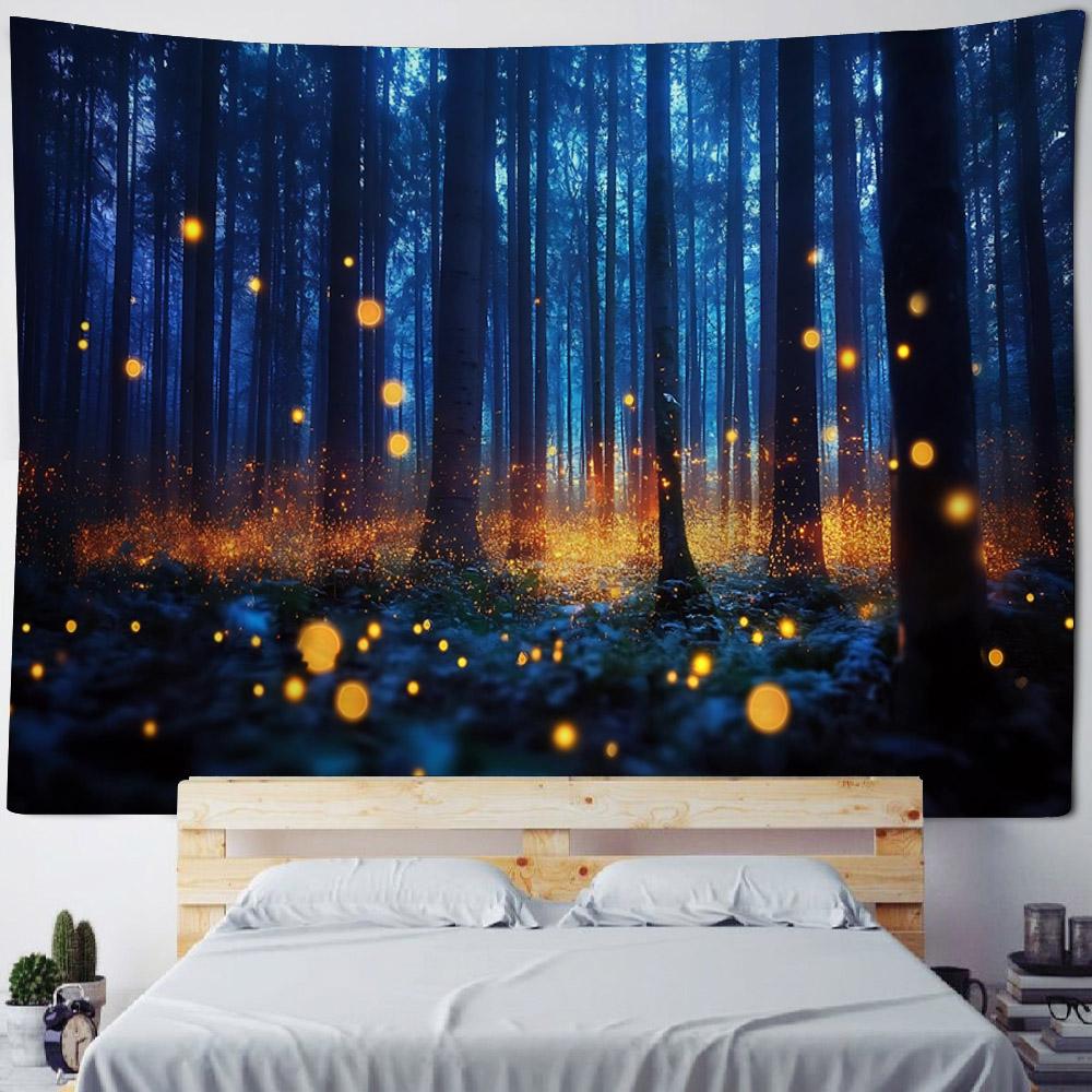 Forest Firefly Tapestry Dreamy Landscape Polyester Wall Hanging Fabric Aesthetic Home Decoration Living Room Background Poster