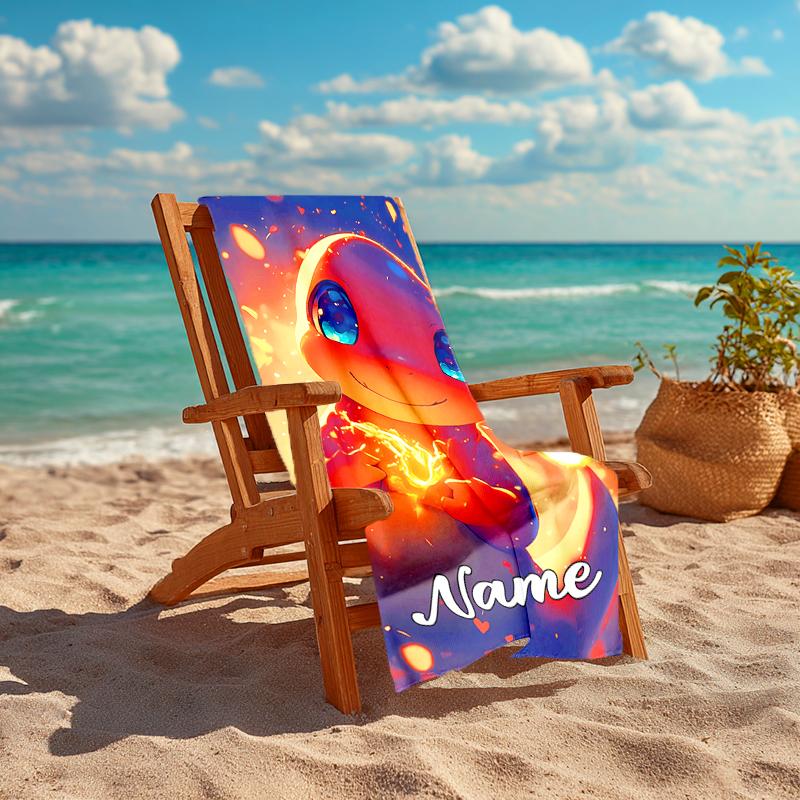 Personalized customized proof beach towel with Pokémon Charmander pattern - soft, absorbent,quick-drying,perfect swimming,camping&bathing