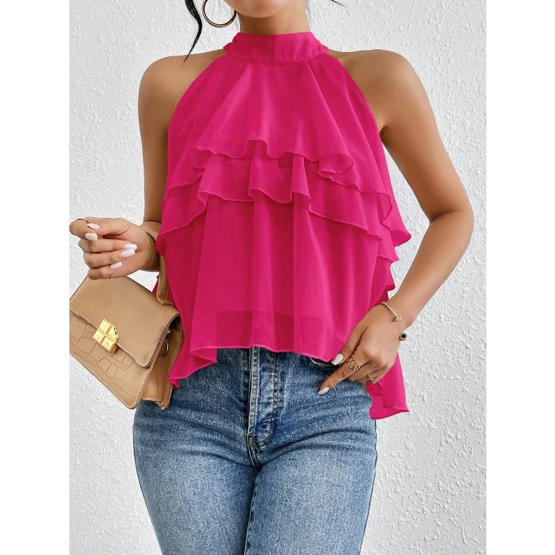 Fashionable temperament all-match solid color halter neck sleeveless irregular ruffled top