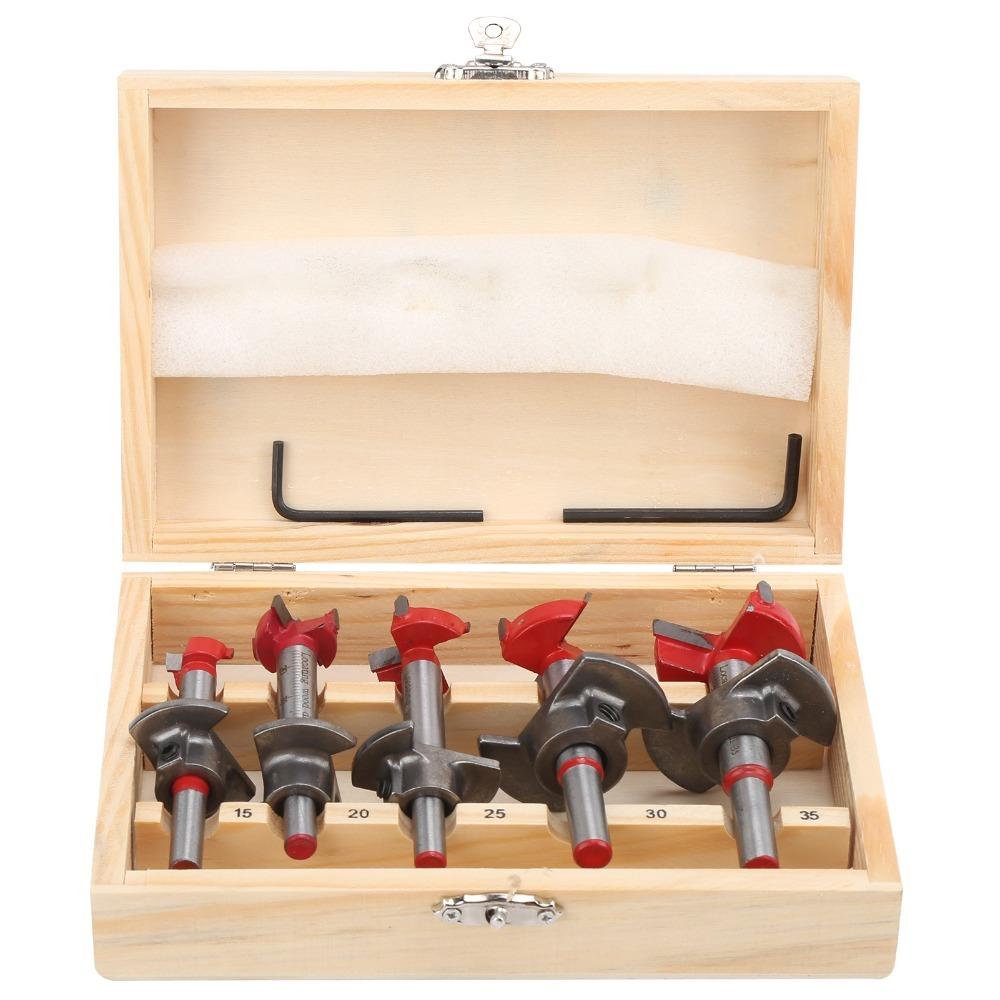 5pcs 15mm-35mm Adjustable Forstner Drill Bit Set Carbide Tip Hex Shank Wood Reaming Drill Bit Limit Stop Design