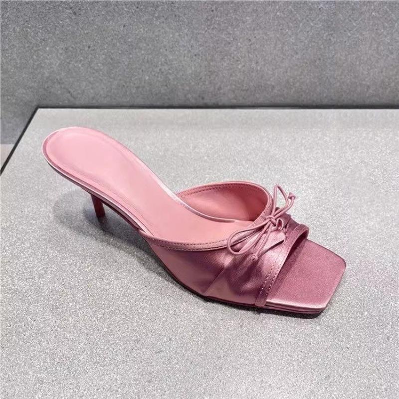 Fashion Summer 2025 New Comfortable Low Heel Square Head Sandals Sweet Bow Silk Thick Heel Slippers for Ladies Outwear Blue Slides