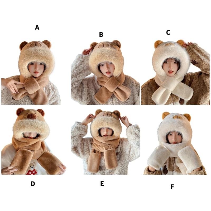 Furry Cartoon Capybara Hat with Scarf Gloves Set Thicken Furry Hat Oversized Headgear Hat for Winter Commute