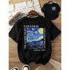 Women Van Gogh Starry Night Print T-Shirt Black Artistic Style Short-Sleeve Crew Neck Top Artistic Four Seasons Fashion T-Shirt