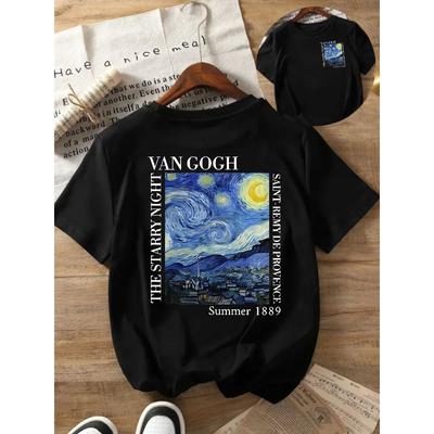 Damska Koszulka z Nadrukiem Van Gogh Gwieździsta Noc Czarna Artystyczny Styl Krótki Rękaw Okrągły Dekolt Artystyczna Moda Cztery Pory Roku Koszulka