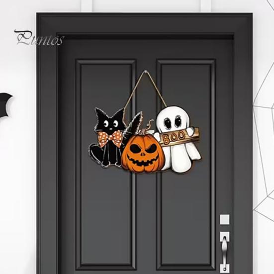 Halloween Window Display Wooden Door Sign, Pumpkin Ghost Boo Black Cat Welcome Hanging Wood Decor Sign for Trick or Treat Party Indoor Outdoor