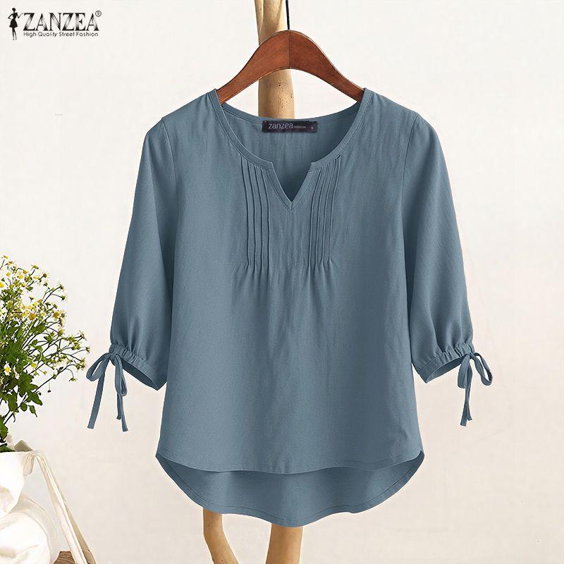 ZANZEA Women Casual V-Neck Solid Color Loose 3/4 Sleeve Blouse