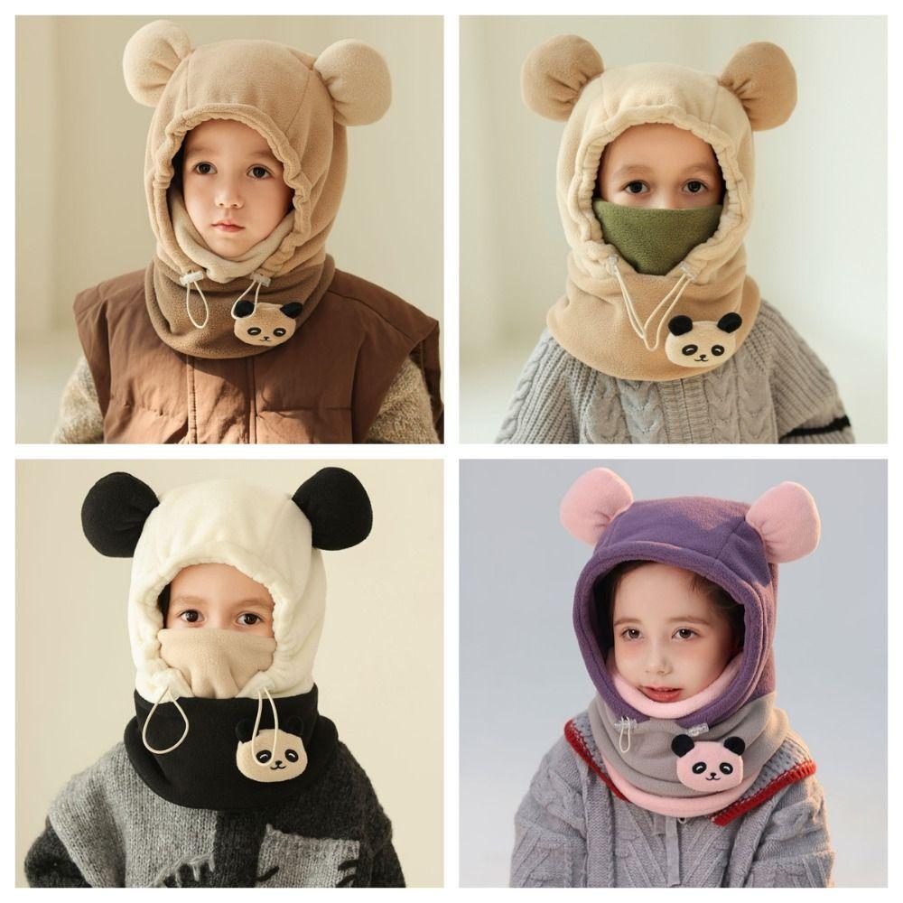 Warm Drawstring Bear Ear Hat Soft Panda Neckerchief Panda Plush Scarf with Face Mask  Streetwear