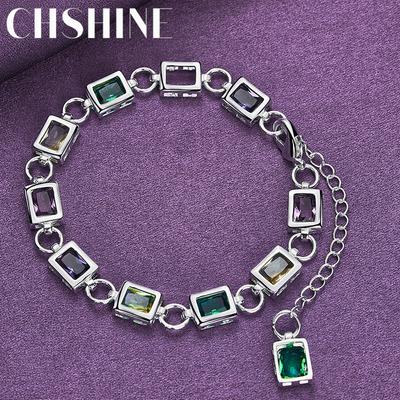 CHSHINE 925 Sterling Silver Square Color Crystal Chain Bracelet For Women Fashion Charm Jewelry