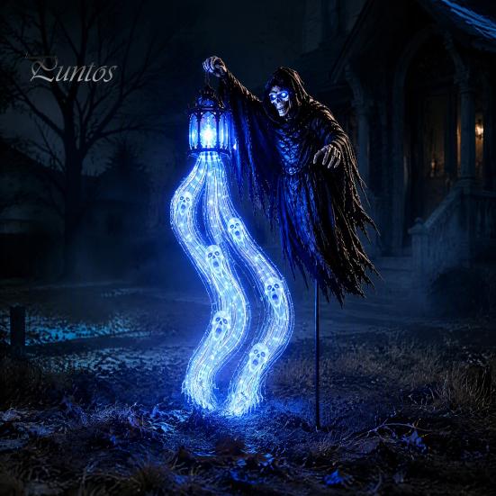 Festive Patio Lighted Displays Halloween Soul Harvester Solar Garden Stake Light, Animated Ghost Lantern with Reaper Yard Art Flowing LED Eyes,