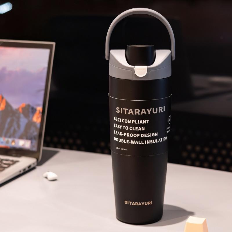 SITARAYURI Stainless Steel Insulated Bottle 900ML Double Drink Straw Thermos Cup Leak-proof Outdoor Sports Car Cups Hot Cold