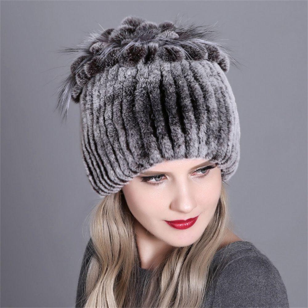 Outdoor Winter Warm Real Fur Beanies Hat Rabbit Fur Cap Knitted Real Rex Rabbit Fur Hats Elastic
