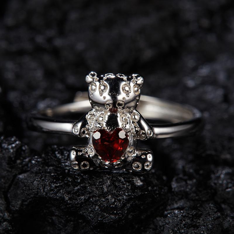 

S925 Sterling Silver Natural Topaz Garnet Amethyst Colored Treasure Ring Female Bear Holding Love Open Ring