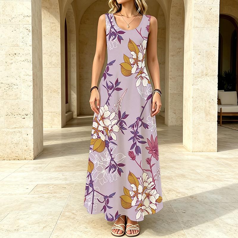 U-Neck Floral Sleeveless Women's Dress Lightweight Flowy,Loose Fit,Versatile for Beach Vacation,Daily Casual,Travel Photos