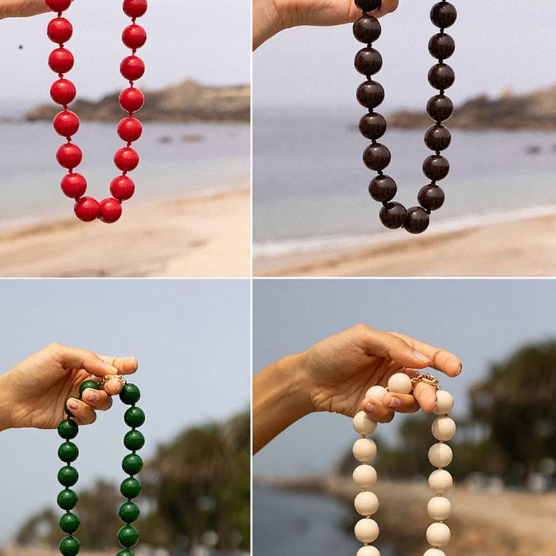 Retro Boho Round Bead Choker Colorful Plastic Beaded Handmade Knot Rope Necklace for Summer Beach Travel Wear