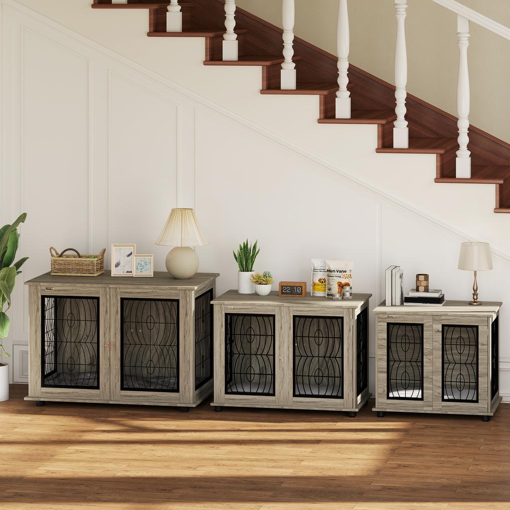 Indoor Dog Crate Furniture End Table with Soft Washable Cushion, Lockable Front Door, for Large Dogs - Grey