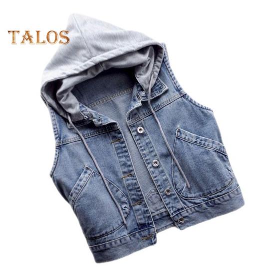 Τζιν παλτό με φερμουάρ, φθινοπωρινή άνοιξη, μονόπετο, αμάνικο, κουκούλα, τσέπες, φαρδύ μπουφάν, κορδόνι, κοντό γιλέκο για καθημερινή χρήση