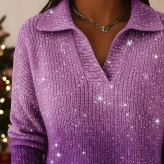 Women Sweater Lapel Long Sleeve Shimmering Sequin Detail Gradient Design Loose Fit Knitting Tops Loose Fit Winter Knitwear