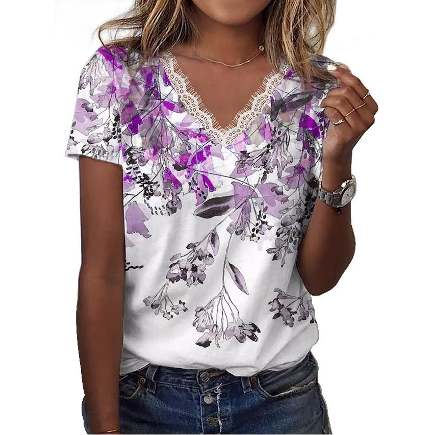 Women's Lace Floral Printed T Shirt V-Neck Short Sleeve Casual Shirts Loose Fashion Blouses Plus Size
