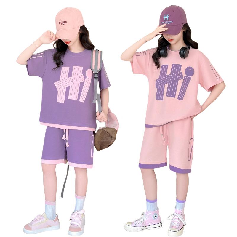 Girls T-Shirts Sets Summer   Kids Short Sleeve Tops+Shorts 2Pcs Children Clothes Teen Loose Casual Suits Letter Print Outfits