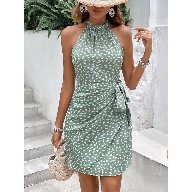 

Модное весенне-летнее платье без рукавов в горошек на шнуровке, сексуальное без бретелек с халтер-вырезом, с оборками на талии для женщин Pea green S