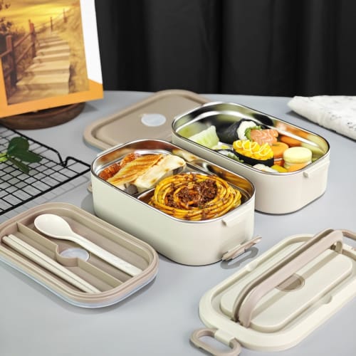 Nishida Stainless Steel Insulated Lunch Box, Leak-Proof, with Handle, Carry-Around Bag, Includes Chopsticks and Spoon (Brown, 2 Tiers)