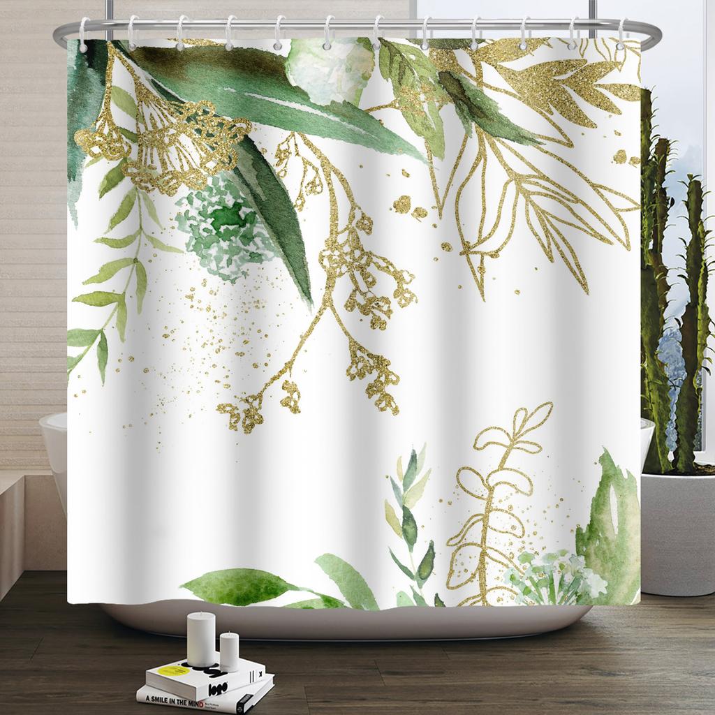 Green Eucalyptus Shower Curtain Watercolor Plant Leaves Bathroom Decoration Waterproof White Fabric Bath Curtain With 12 Hooks