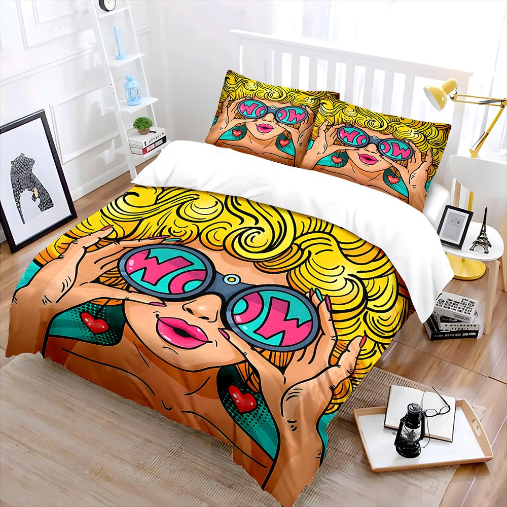 Retro Pop Art Woman with Glasses Bedding Set for Kids Luxury Gift 3pcs Digital Print Comforter Set Soft Comfortable Breathable