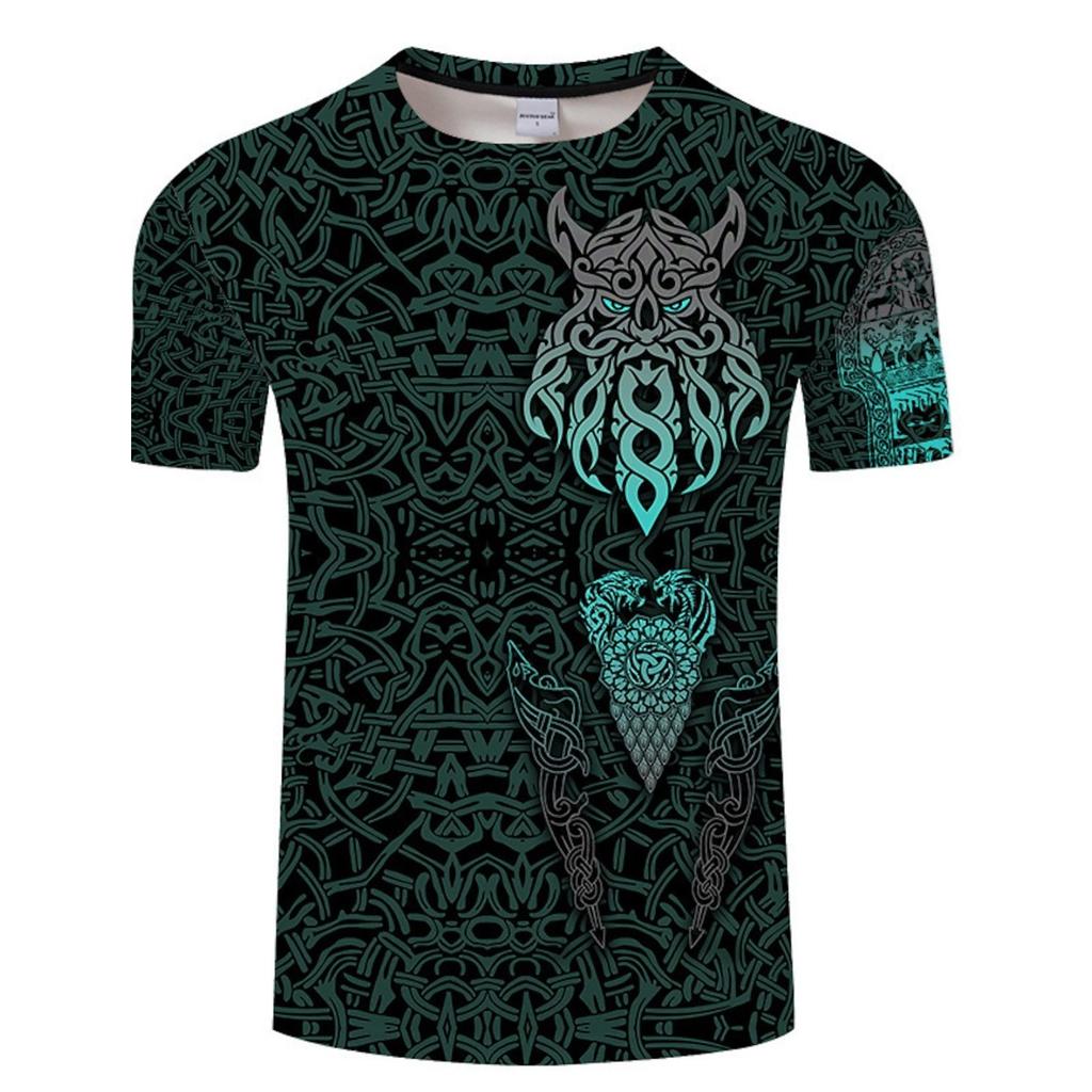 Letnie T-shirty męskie z okrągłym dekoltem i nadrukiem graficznym 3D o tematyce wikingów, modne i codzienne, z krótkim rękawem