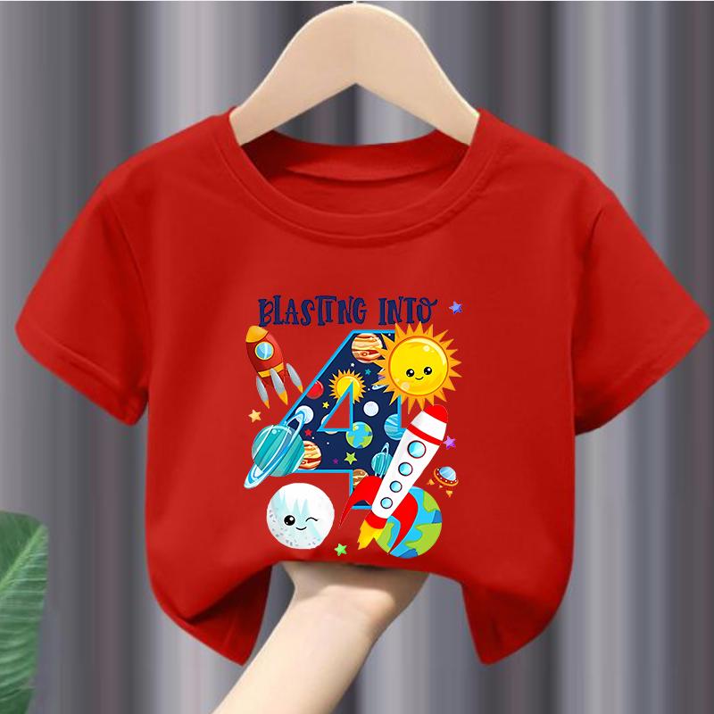 New Boys and Girls Clothing Outer Space Rocket Planet Printed Childrens Tshirt Birthday Round Neck Summer polyester fabric