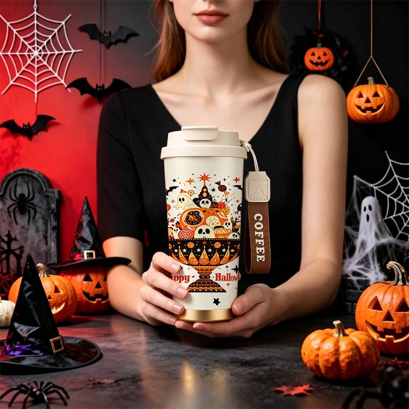 Halloween Coffee Cup 532ml Pattern Bowl Pumpkin Skull Candy Ghost MotifCarrier Strap Travel Cup Autumn Commuter Cup Flip Lid Coffee Cup