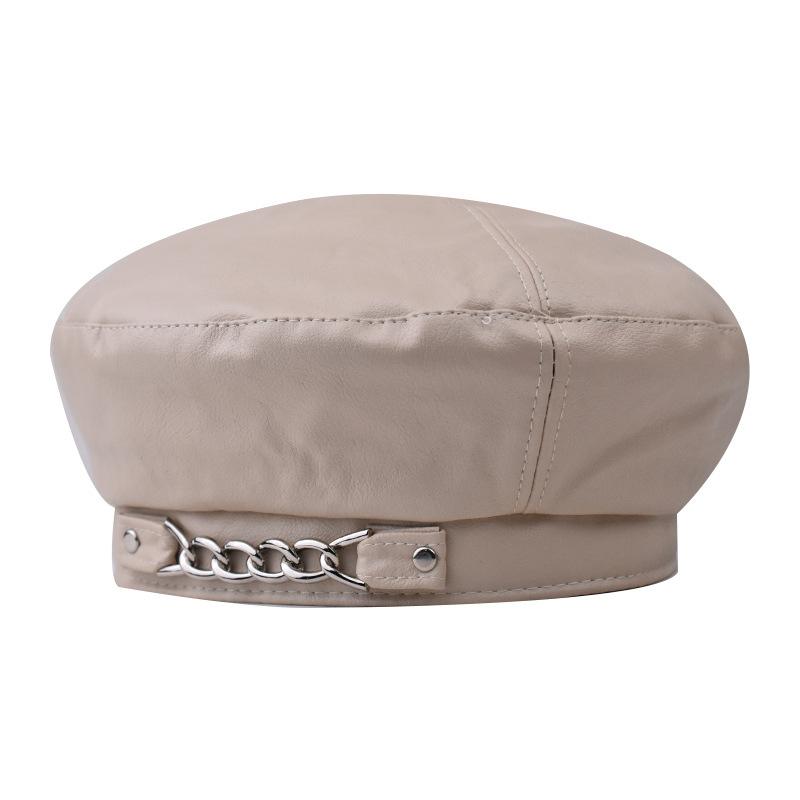 

Береты из искусственной кожи, берет с металлической цепочкой для женщин, зимняя шапка в французском стиле художника, женские универсальные осенние шапки 54-60cm бежевый