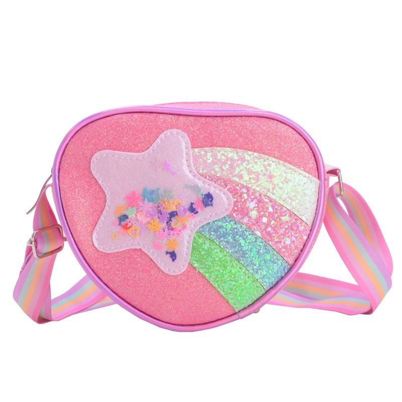 Trendy Shimmering Heart Kids Crossbody Bag In Soft Pink And Rainbow Colors