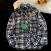 Camisa de hombre de primavera y otoño con cuello vuelto, estampado a cuadros, holgada, con botones, estilo retro americano, manga larga, para uso diario y viajes.