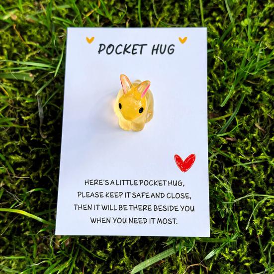 7Pcs Bunny Pocket Hug Card Positive Keepsake Card with Cute Resin Mini Bunny Emotional Support Card Gift for Friends Easter Basket Stuffers