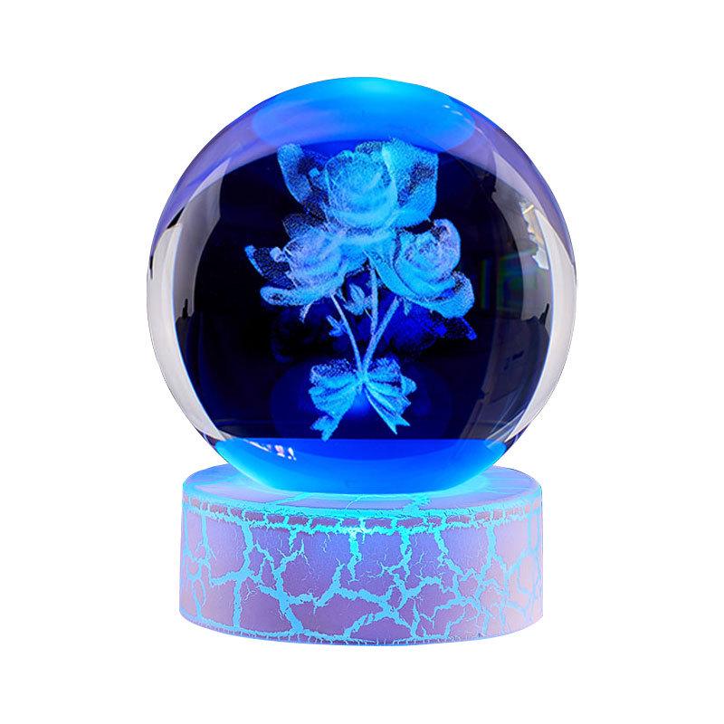 Crystal Ball Night Light with Three Rose Stickers – Elegant Desktop Ornament & Birthday Gift for Girls, Friends, or Boyfriend