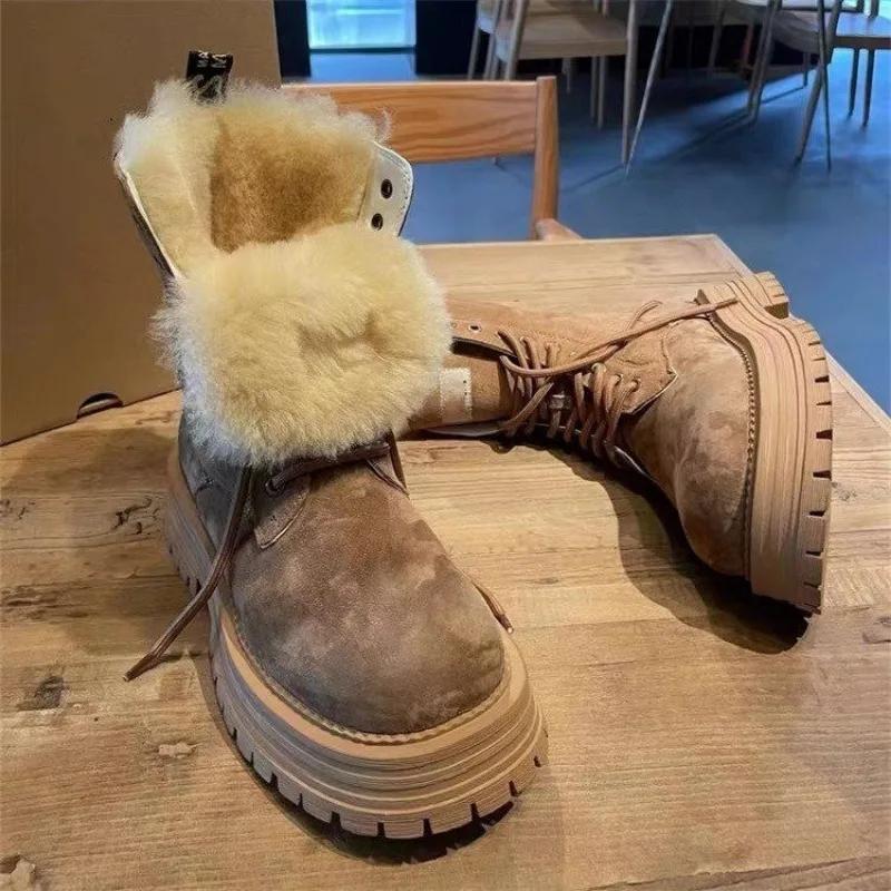 Flats Platform Mid Calf Women Boots Winter 2025 Trend Women Shoes Retro Suede Lace Up Fashion Short Plush Warm Gladiator Boots