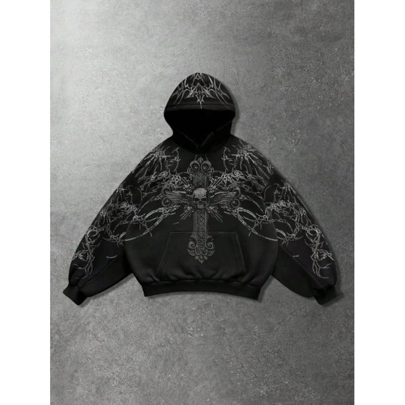 Oversized Hooded Sweatshirt With Skull Print Streetwear Unisex Loose Fit Casual Top