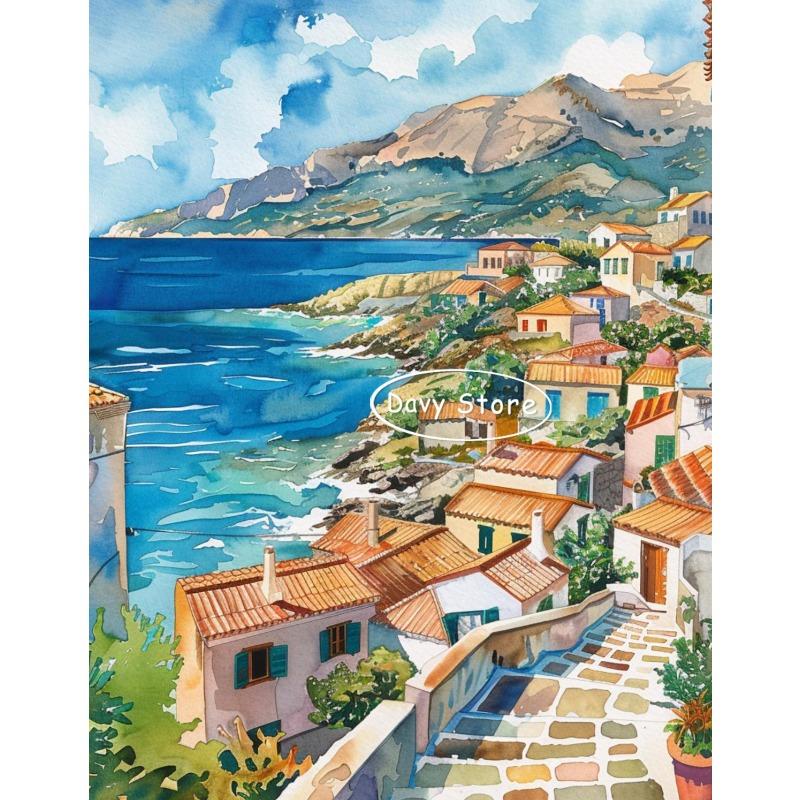 Peinture sur Toile Santorini Impression d'Art Grec Grèce Voyage Paysage Affiche Aquarelle Art Mural Image pour Salon Décoration Intérieure